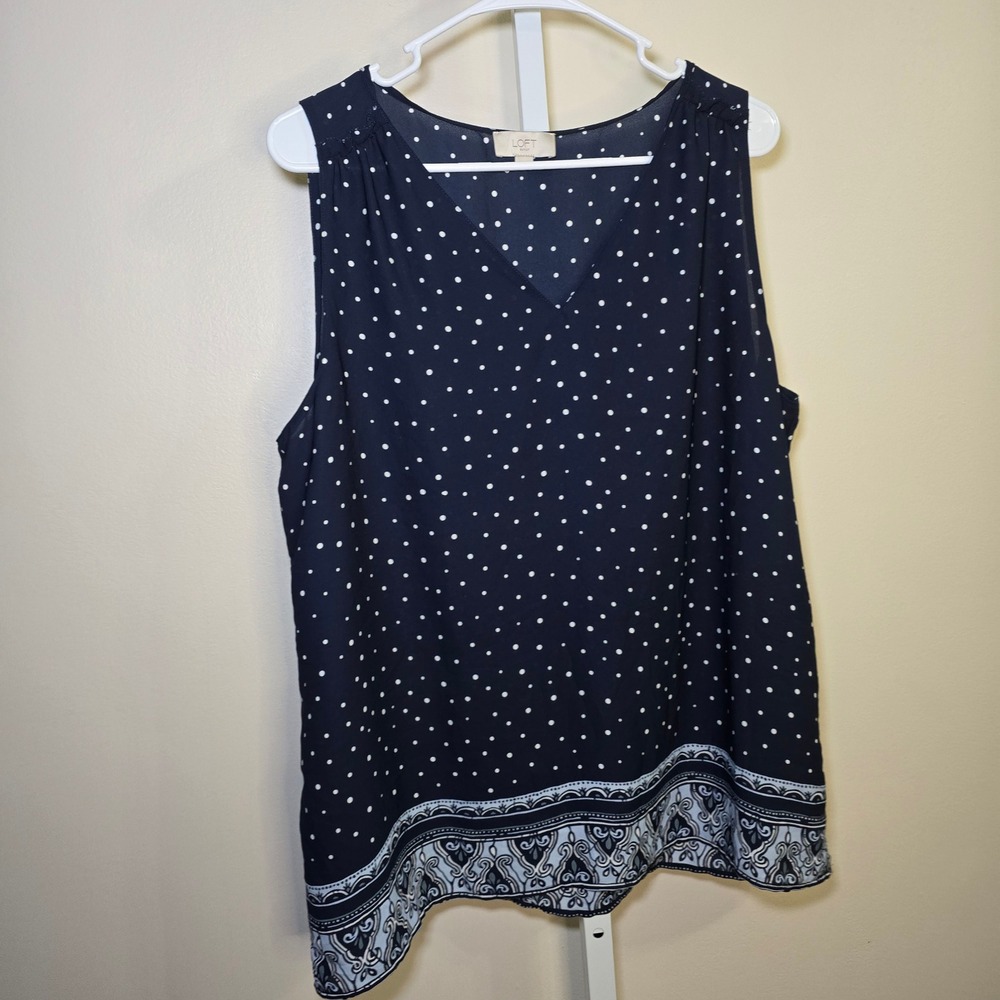 LOFT Outlet Navy Blue White Polka Dot Border Print Sleeveless V-Neck Top XL‎